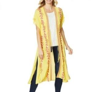 Curations Womens Kaftan Duster Yellow Embroidered Swim Cover Up Boho Gauze NWT